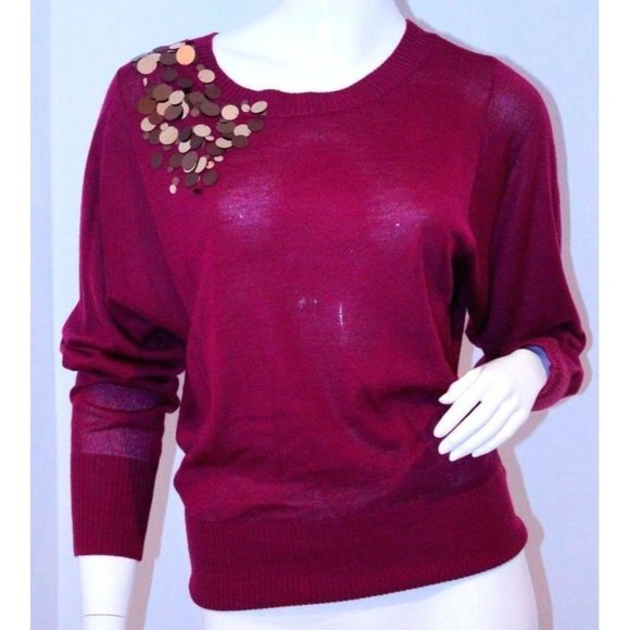ELLEN  TRACY Magenta SEQUIN Gold SWEATER Long Sleeve TOP ( XS ) - Picture 1 of 3